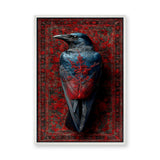 Raven Botanical Eclectic Wall Art Poster – Blue-Black Bird on Ornate Red