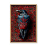 Raven Botanical Eclectic Wall Art Poster – Blue-Black Bird on Ornate Red