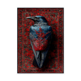 Raven Botanical Eclectic Wall Art Poster – Blue-Black Bird on Ornate Red