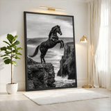 Rearing Horse Coastal Wall Decor – Black and White Seaside Cliff Print