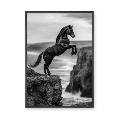 Rearing Horse Coastal Wall Decor – Black and White Seaside Cliff Print