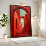 Red Arch Stairway Modern Wall Decor – Surreal Arches and Moon