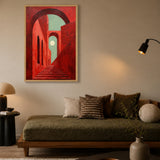 Red Arch Stairway Modern Wall Decor – Surreal Arches and Moon
