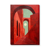 Red Arch Stairway Modern Wall Decor – Surreal Arches and Moon
