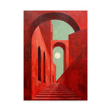 Red Arch Stairway Modern Wall Decor – Surreal Arches and Moon