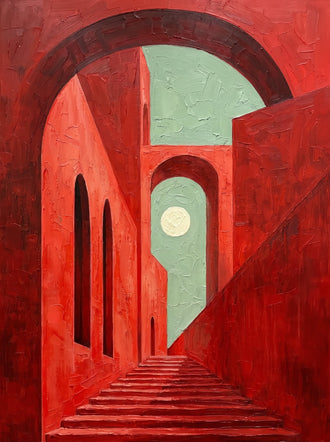 Red Arch Stairway Modern Wall Decor – Surreal Arches and Moon
