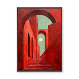Red Arch Stairway Modern Wall Decor – Surreal Arches and Moon