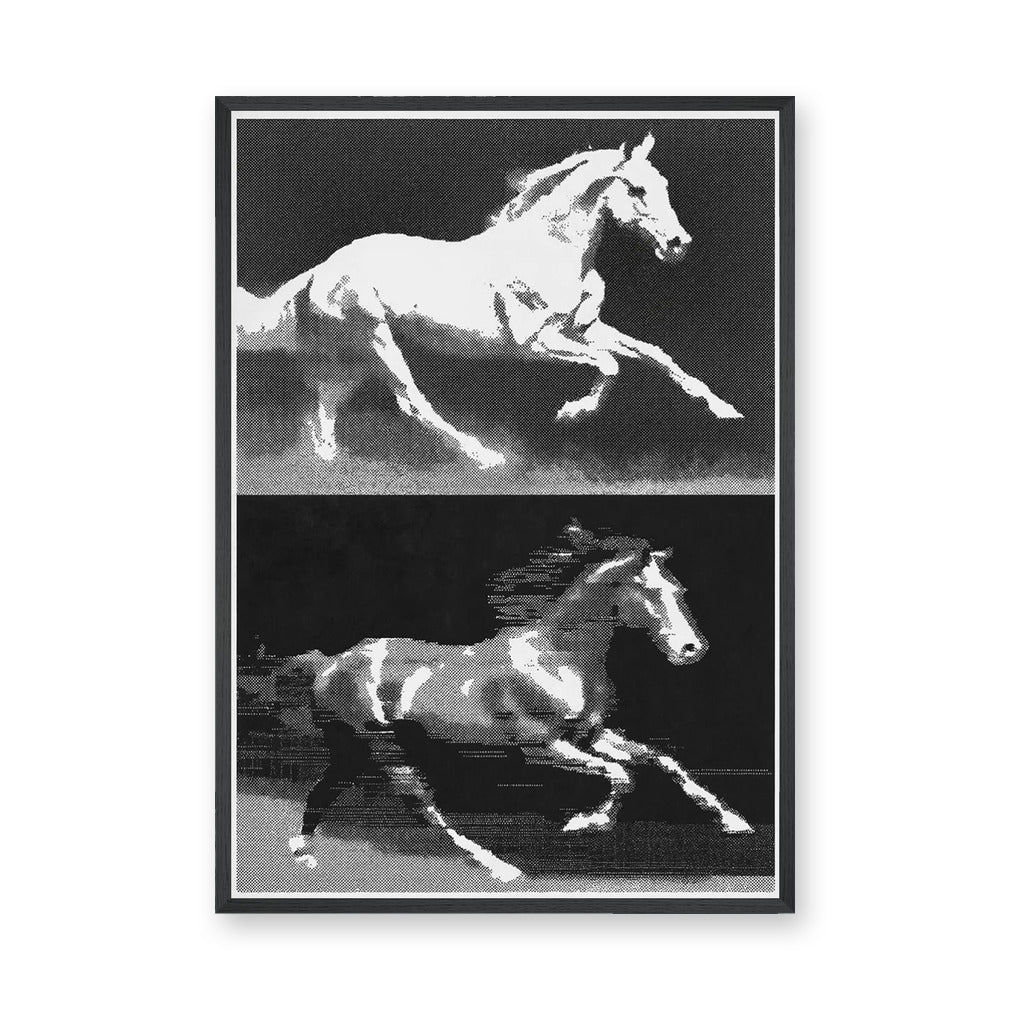 Running Horses Pop Art Wall Art Print – Black and White Halftone Duo