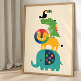Safari Animals Kids Wall Art Poster – Colorful Stacked Nursery Friends