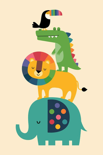 Safari Animals Kids Wall Art Poster – Colorful Stacked Nursery Friends