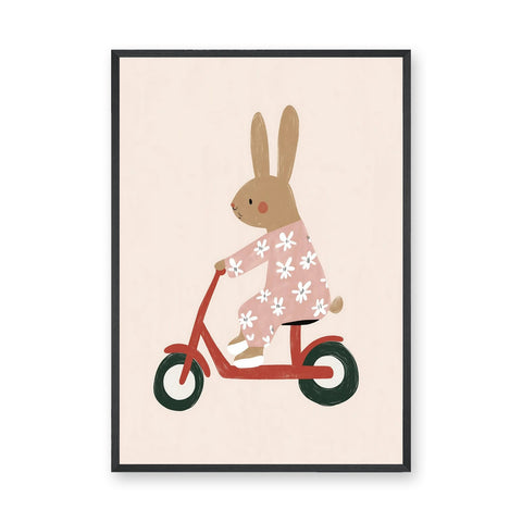 Scooter Bunny Kids Wall Decor – Rabbit in Pajamas on Red Scooter