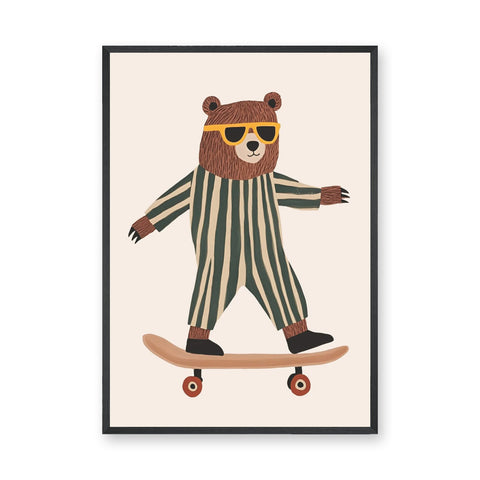 Skateboarding Bear Kids Wall Decor – Cute Nursery Animal Print