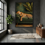 Sleeping Cheetah Eclectic Wall Art Poster – Green Sofa Botanical Print