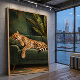 Sleeping Cheetah Eclectic Wall Art Poster – Green Sofa Botanical Print