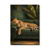 Sleeping Cheetah Eclectic Wall Art Poster – Green Sofa Botanical Print