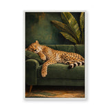 Sleeping Cheetah Eclectic Wall Art Poster – Green Sofa Botanical Print