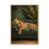 Sleeping Cheetah Eclectic Wall Art Poster – Green Sofa Botanical Print