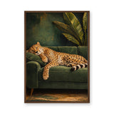 Sleeping Cheetah Eclectic Wall Art Poster – Green Sofa Botanical Print