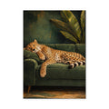 Sleeping Cheetah Eclectic Wall Art Poster – Green Sofa Botanical Print