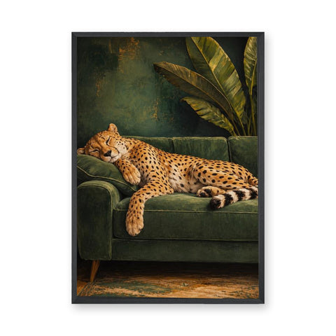 Sleeping Cheetah Eclectic Wall Art Poster – Green Sofa Botanical Print