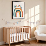 Sleepy Boho Rainbow Kids Wall Art Print – Smiling Boho Rainbow with Colorful Rays