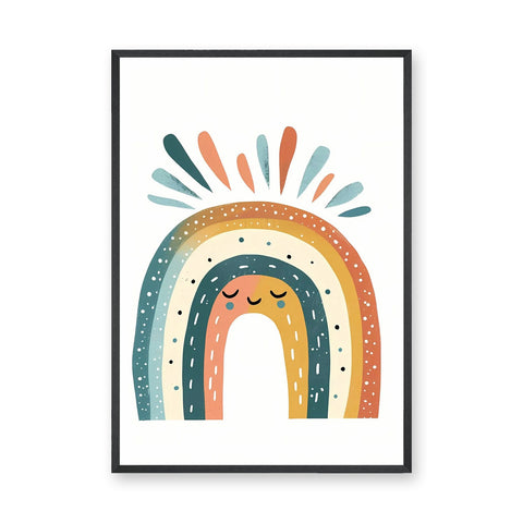 Sleepy Boho Rainbow Kids Wall Art Print – Smiling Boho Rainbow with Colorful Rays