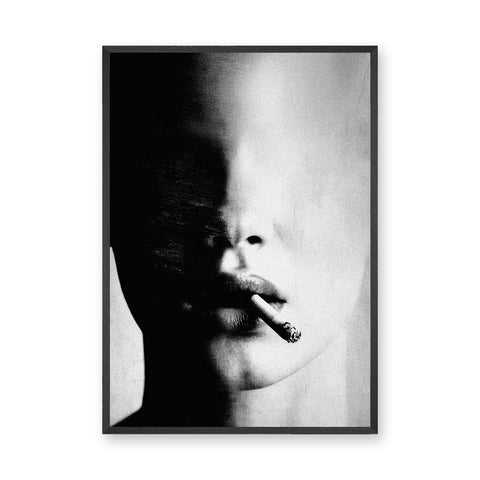 Smoking Portrait Modern Wall Decor – Grainy Black and White Close-Up