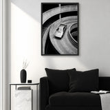 Sports Car Ramp Modern Wall Decor – Black and White Parking Garage Photo