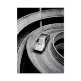 Sports Car Ramp Modern Wall Decor – Black and White Parking Garage Photo