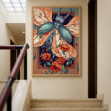 Stag Beetle Floral Surreal Wall Art Poster – Moth Wings and Orange Blooms