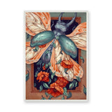 Stag Beetle Floral Surreal Wall Art Poster – Moth Wings and Orange Blooms