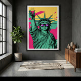 Statue of Liberty Pop Art Wall Art Poster – Sunglasses Portrait in Pink and Yellow