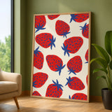 Strawberry Pop Art Wall Art Print – Red Blue Fruit Pattern on Cream