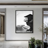 Surfer Ocean Coastal Wall Art Poster – Black and White Cliff Wave Print