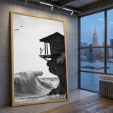 Surfer Ocean Coastal Wall Art Poster – Black and White Cliff Wave Print