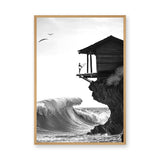 Surfer Ocean Coastal Wall Art Poster – Black and White Cliff Wave Print