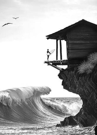 Surfer Ocean Coastal Wall Art Poster – Black and White Cliff Wave Print
