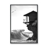 Surfer Ocean Coastal Wall Art Poster – Black and White Cliff Wave Print