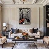 Surreal Forest Line Art Wall Art Poster – Black White Path with Orange Flowers