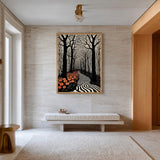 Surreal Forest Line Art Wall Art Poster – Black White Path with Orange Flowers
