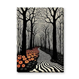Surreal Forest Line Art Wall Art Poster – Black White Path with Orange Flowers