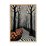 Surreal Forest Line Art Wall Art Poster – Black White Path with Orange Flowers