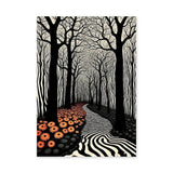Surreal Forest Line Art Wall Art Poster – Black White Path with Orange Flowers
