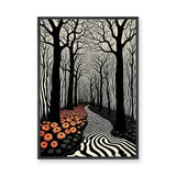Surreal Forest Line Art Wall Art Poster – Black White Path with Orange Flowers