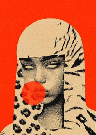 Surreal Portrait Pop Art Wall Art Poster – Woman Blowing a Red Bubble