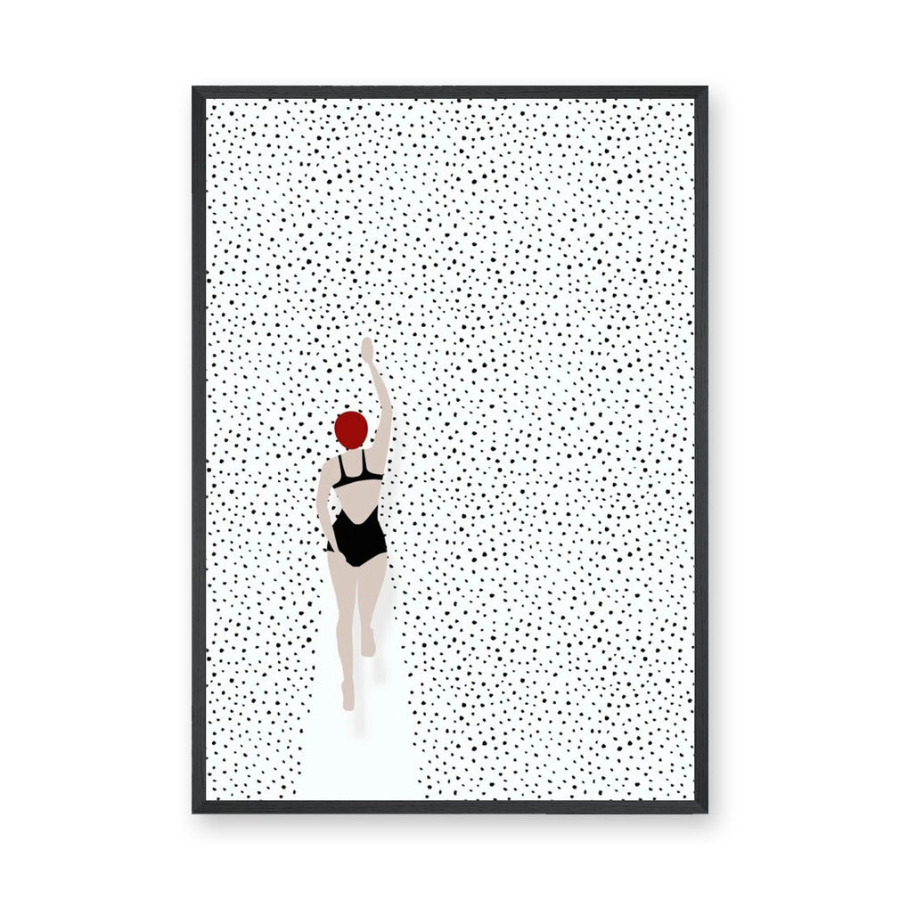 Swimmer Minimalist Wall Decor – Black Suit and Red Cap on Dotted White