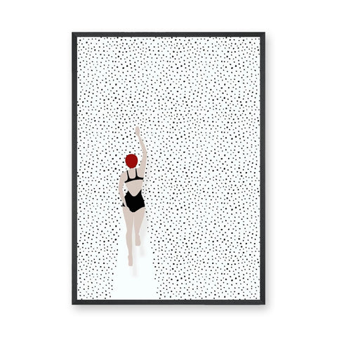 Swimmer Minimalist Wall Decor – Black Suit and Red Cap on Dotted White