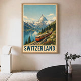 Switzerland Train Vintage Wall Art Print – Alpine Lake Travel Poster