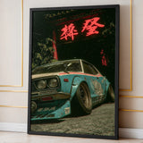 Teal Japanese Car Retro Wall Art Poster – Neon Gate Drift Scene
