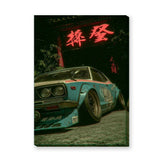 Teal Japanese Car Retro Wall Art Poster – Neon Gate Drift Scene